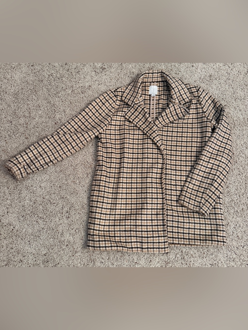 Joie Tan and Black Plaid Pea Coat jacket soft fleece